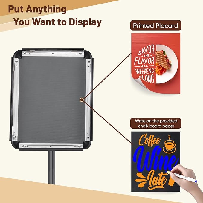 Adjustable Pedestal Floor Stand Sign Holder for 8.5*11 inches Poster or chalk board, Snap open frame,360° Rotation,Outdoor Indoor Standing Display Sign Holders for advertising ,Black