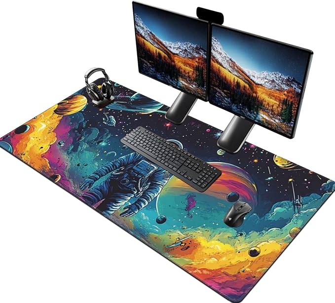 Extra Large Gaming Mouse Pad 48"x24", Non-Slip Rubber Base Galaxy Astronaut Space Mouse Pad, Waterproof Keyboard Mat with Stitched Edges for Work, Game, Office, Desk