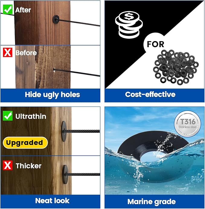Muzata 100 Pack Black Cable Railing Adhesive Sleeves for 1/8" 5/32" 3/16" Wire Rope T316 Stainless Steel Adhesive Grommet Protector Sleeves Cable Railing Hardware Kit Wood Metal Posts CR91
