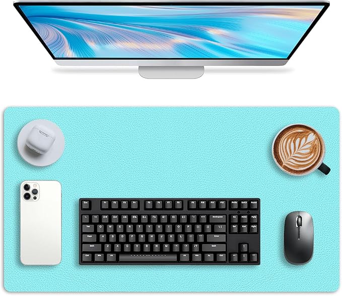 Leather Desk pad Protector, Office Mat, Large Mouse Mat, Non-Slip PU Leather Blotter, Laptop Desk Pad,Waterproof Laptop Computer Desk Keyboard Mat for Office/Work/Home/Decor (Light Blue, 47in*23in)