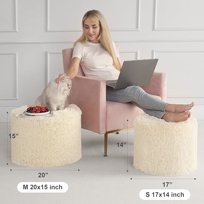 Hansleep Round Stuffed Pouf Ottoman 20 x 15, Foam Filled Faux Fur Ottoman Foot Rest for Chair with Washable Cover, Foot Stools Under Desk for Living Room & Bedroom, Beige
