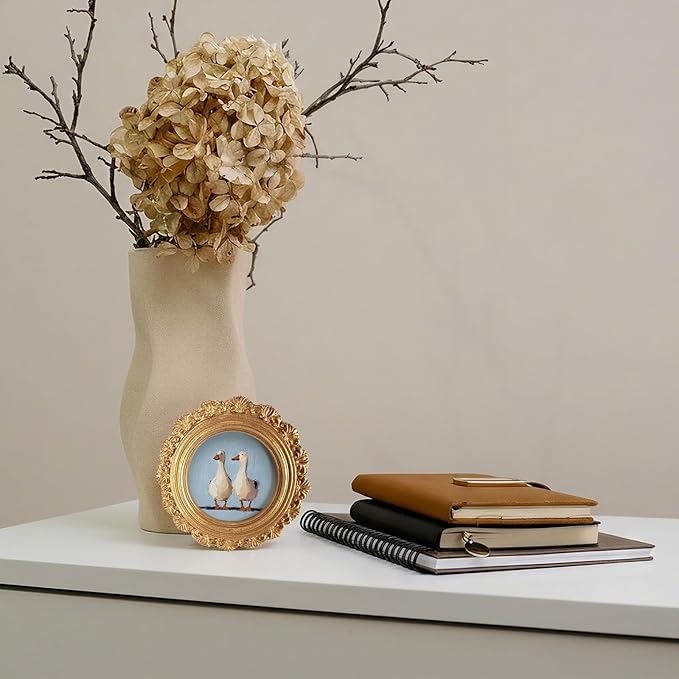 Small Vintage Couple Duck Goose Round Picture Frame Wall Decor, Rustic Farmhouse Gold Mini Ornate Photo Frame for TableTop Desk 2.7in Photo,Funny Framed Artwork for Walls Office Bedroom Shelf