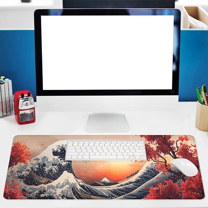 Japanese Great Wave Desk Mat Ocean Sunset Red Maple Mousepad XL Large Gaming Mouse Pad Laptop Keyboard Mat Desk Pad 31.5"x11.8"