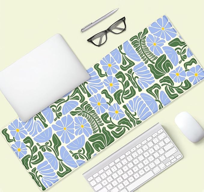 Vintage Blue Green Boho Floral Desk Mat, Abstract Geometric Botanical Large Gaming Mouse Pad with Non-Slip Base, Custom Aesthetic Mousepad for Desktop Decor, Laptop Computer Pad, 31.5x11.8 Inch