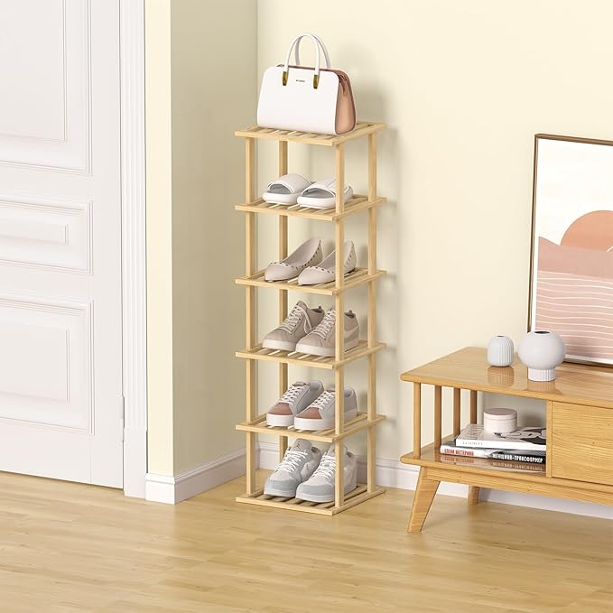 SHIISEWE Bamboo Shoe Rack - Vertical Skinny Shoe Shelf Space Saving Storage, Front Door Entrance Closet Corner Garage