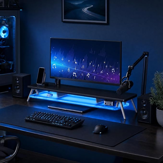 Fenge Dual Monitor Stand with 8-Mode LED Lights, 5.7" H Computer Monitor Riser with Acrylic Shelf & Aluminum Legs, Stable Desk Shelf Organizer for Computer Laptop Home Office & Gaming, Black