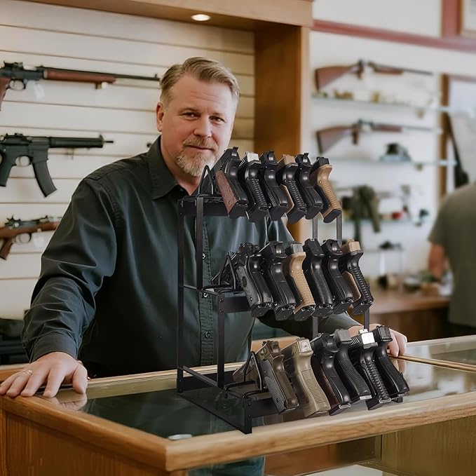 Poyilooo Pistol Rack, 2Tier Portable Pistol Rack for Gun, Hold Up 12 Handguns Pistol Stand for Gun Storage, Pistol Holder for Gun Heavy Duty Steel Gun Rack for Shot Exhibitior Retail Shop Home Office