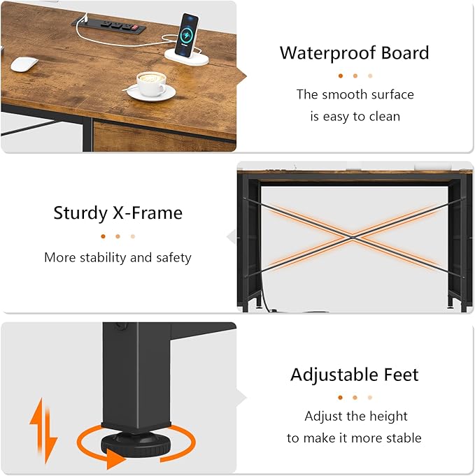 YOMILUVE 60 Inch Computer Desk with 8 Drawers, Home Office Desk with Power Outlets, Work Study Gaming Desk with 8 Fabric Drawers, Rustic Brown