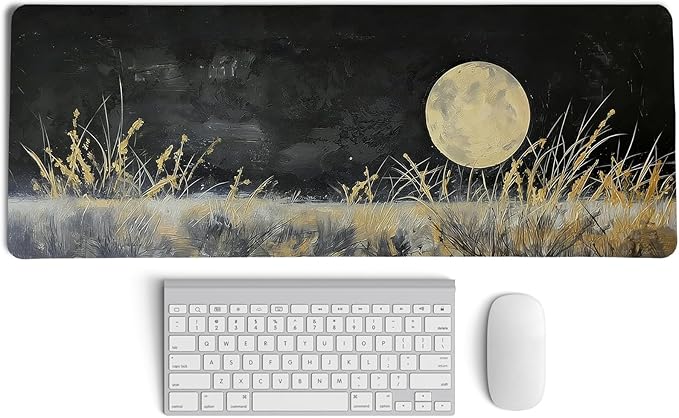 Vintage Gold and Black Full Moon Wilderness Mouse Pad,Aesthetic Dark Night Nature Scenery Desk Mat,Rustic Cottagecore Grassland Mousepad for Home Office Dorm Desktop Decor,31.5x11.8 Inch
