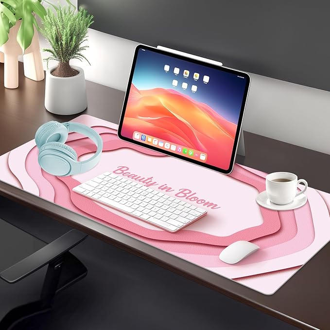Dual-Sided PU Leather Desk Mat Blotter for Office, Home, Computer, Keyboard, Mouse, 15.7"x31.5" Large Non-Slip Writing Mat with Travel Storage Strap, Waterproof Easy to Clean (Pink Minimalist)