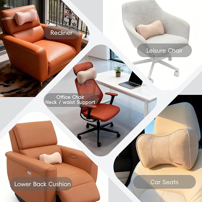 Carwales Car Neck Cushion Recliner Headrest Pillow for Office Chair Couch Memory Foam Lower Back Support Lumbar Pain Relief Ergonomic Design Extension Adjustable Strap Fits Driving Car Tan 1 Pack