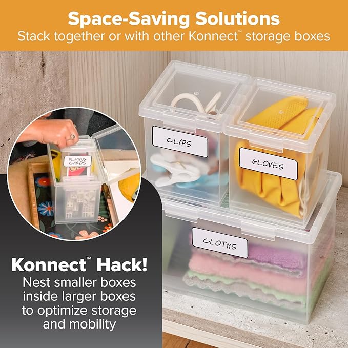 Bostitch Konnect Storage Containers with Lids, Clear Plastic Box, Stackable for Crafts, Home, and Office Organization, Labels, 3-Piece (1 4 Qt Box, 2 1.5 Qt boxes)