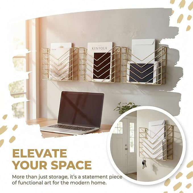Gold File Organizer, Metal Wall Mounted Magazine Rack, Wall Mounted Magzine Holders for Office, Bathroom (4P Gold)