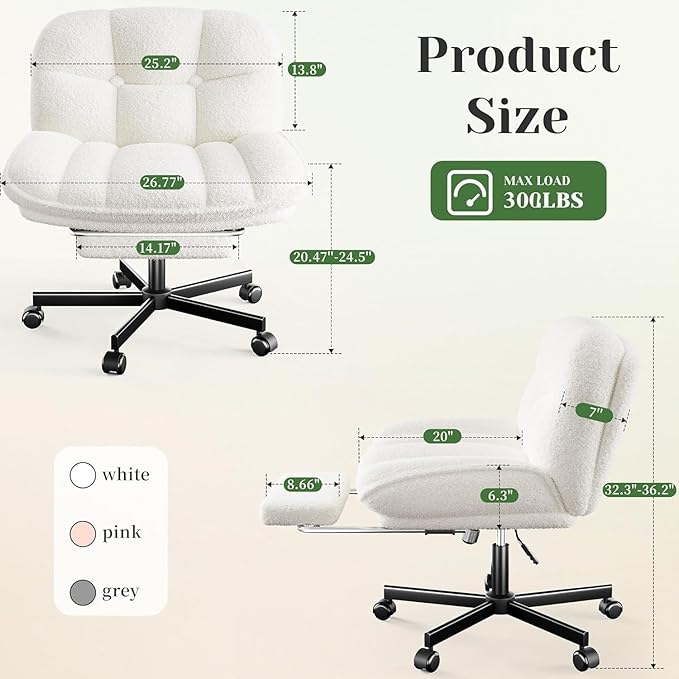 DurayLoly Cross Legged Office Chair with Foot Rest, 6.3" Thick Cushioned Criss Cross Chair with Wheels, Height Adjustable Swivel Vanity Chair for All-Day Comfort (White)