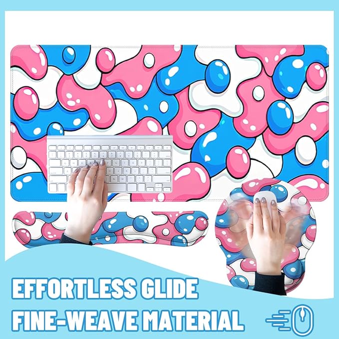 Abstract Desk Mat Set Bubble Pop Cartoon Pink Blue Large Mouse Pad with Wrist Rest 4in1 Desk Mat for Desktop Ergonomic Computer Desk Arm Wrist Anti-Slip Computer Mouse Pad Home Office Gaming