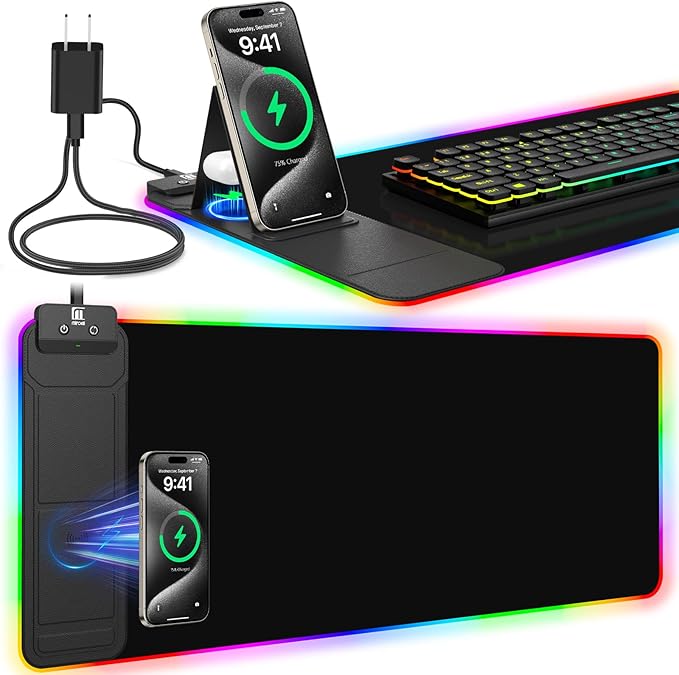 RGB Mouse Pad with Foldable Phone Stand Wireless Charger, 31.5"x11.8" XL Gaming Mousepad Large Desk Mat, Desk Pad with 11 Colors 5 Modes, Waterproof (Black with PD Adapter)