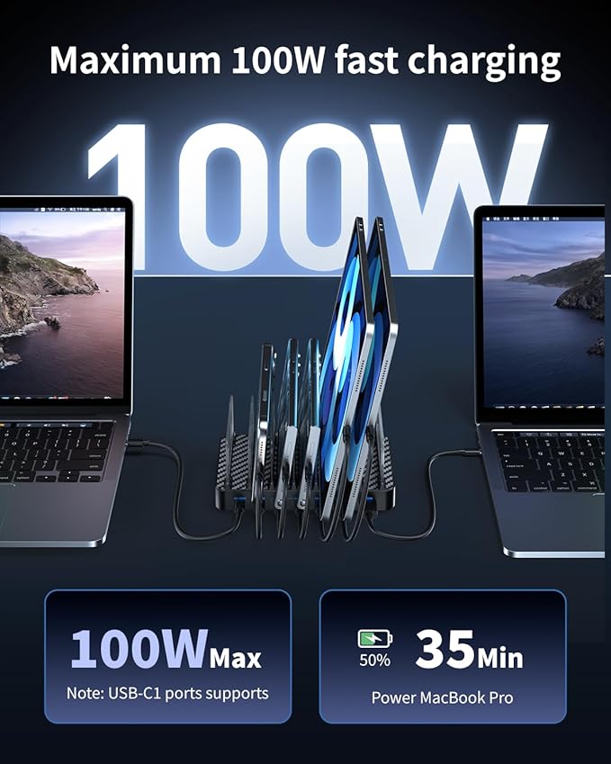 288W Multi Usb Charging Station, 8-Port charging station for multiple devices with Adjustable Dividers & 10 Cables,Multi-Purpose Desktop and wall Fast Charger, for iPhone, iPad, Android,Tablets & More