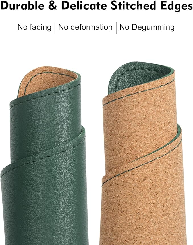 Double-Sided PU Leather & Cork Mouse Pad with Coaster – Reversible, Non-Slip, Stitched Edges for Office & Home, 8x11 Inches,(Blackish Green)