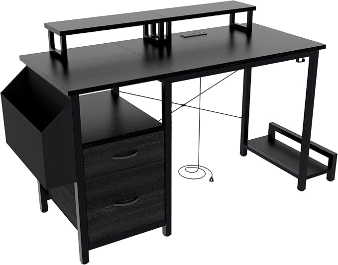 Home Office Desk with Side Pocket and Drawers, Modern Computer Desk for Small Space Bedroom, 47 Inch Gaming Desk with Power Outlet & 2 Movable Monitor Shelves (Black)