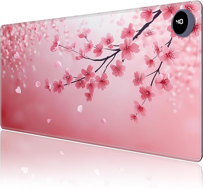 Heated Mouse Pad,Warm Desk Pad with 3 Levels Heating & 3 Hours Auto Shut-Off, PU Leather Heated Desk Pad Warmer Pad for Home Office - 31.5 x 13 inch,Cherry Blossoms