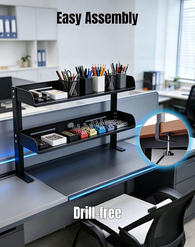 Yuxh Clamp Desk Shelf 16 inch Cilp Under Table Organizer, Black, L