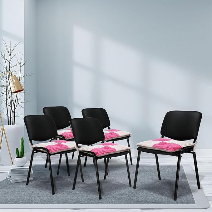 Office Stacking Chair Cushions 4 Pack, Corduroy High Density Foam Kitchen Seat Cushions with Ties, Square 17" x 17" Indoor Non-Slip Dining Chair Pads, White + Pink，4pcs