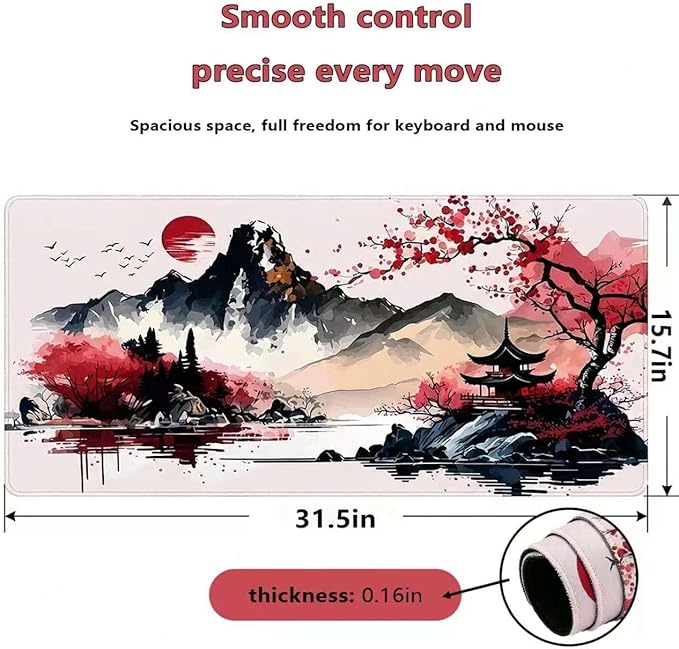 Japanese Cherry Blossom Gaming Mouse Pad 31.5x15.7in Full Desk Japanese Sakura Super Thick Mousepad Non-Slip Rubber Base Waterproof Keyboard Mat with Stitched Edges for Office 800X400X4mm