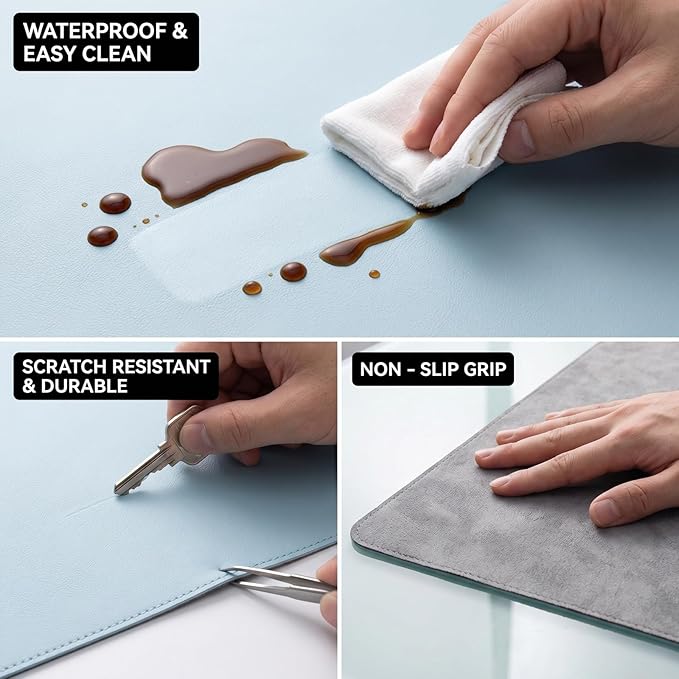 Office Leather Desk Mat, Mouse and Keyboard Pad, Computer and Laptop Mat, Desktop Protector and Cover, Writing Pad and Blotter (9.85''x14.97'', Blue)