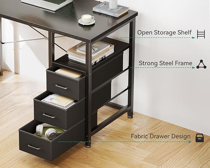 AODK 32 Inch Small Computer Desk with Fabric Drawers, Kids Study Desk for Bedroom, Home Office Desk with Storage Shelf & Bag for Small Space, Black