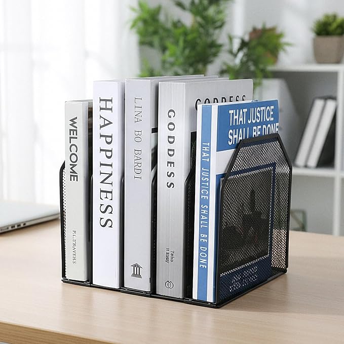 2 Pcs Vertical File Organizer for Desk - Metal Mesh Holder with 5 Compartments, File Folder Rack & Document Storage Stand - 9.3" x 8.5" x 7.9"