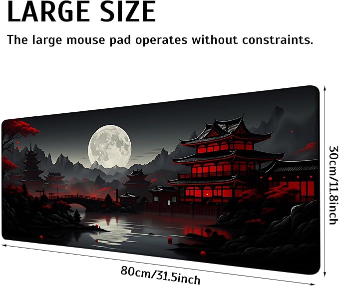Large Gaming Mouse Pad Japan Red Black Full Moon Desk Mat,Non-Slip Rubber Base Stitched Edges,Extended Mousepad for PC,Laptop,Office,Home Decor(31.5 x 11.8 Inch)