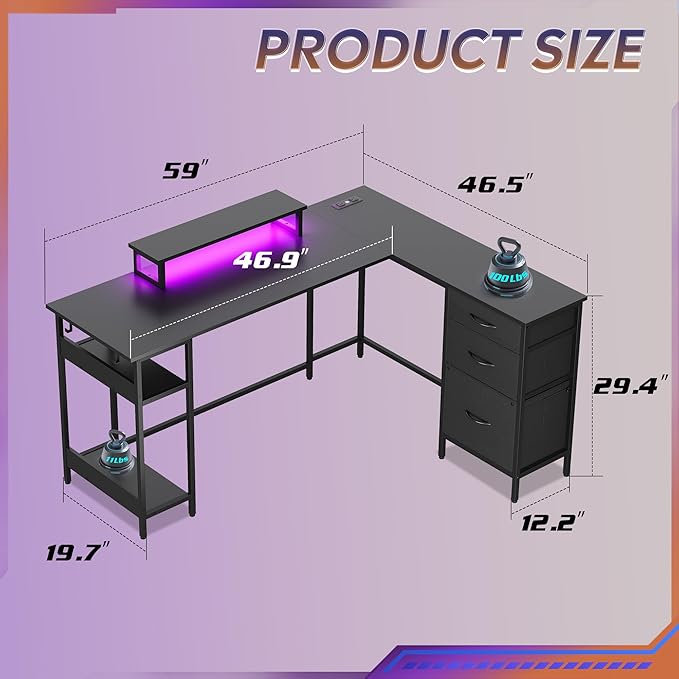 DEVAISE 60 Inch L Shaped Gaming Desk with Drawers and Storage, Corner Desk with LED Lights, Power Outlets, Computer Desk with Monitor Stand, Office Desk for Home, Black