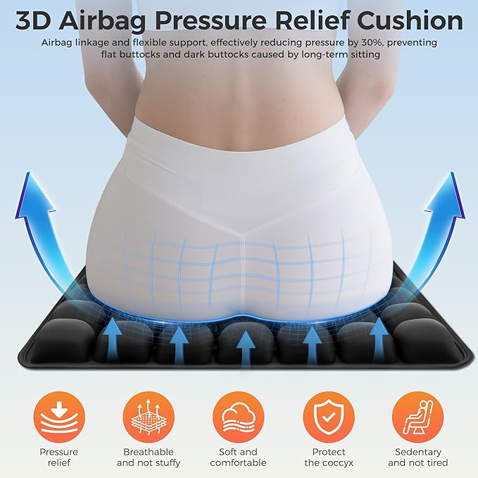 Upgrade Airplane Seat Cushion with No External Air Pump, Travel Cushion for Long Flights, Portable Wheelchair Cushions, Adjustable Air Cushion with Non-Skid Bottom Relief Discomfort in Coccyx