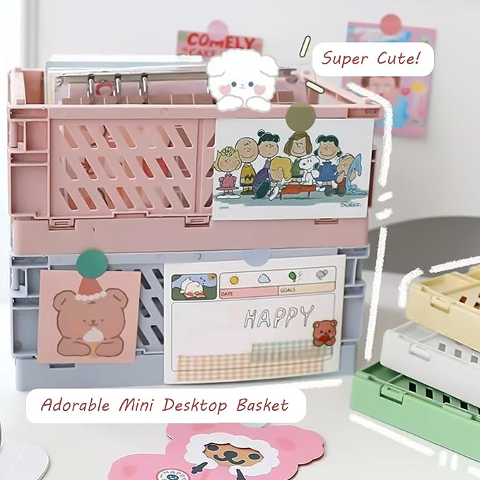 Mini Pastel Plastic Storage Bins 2Pcs Foldable Pastel Crates Plastic Basket Colorful Storage Containers Baskets for Classroom Kitchen Office Bedroom Desktop Home Decor (Pink 5.8" x 3.8" x 2.2")