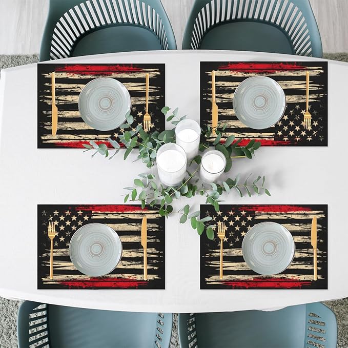 Placemats Set of 4 Heat-Resistant Rectangle Place Mats Independence Day USA Flag Washable Plastic PVC Dining Table Mat Non-Slip Wipeable Woven Vinyl Placemat for Kitchen Patio Table Decor