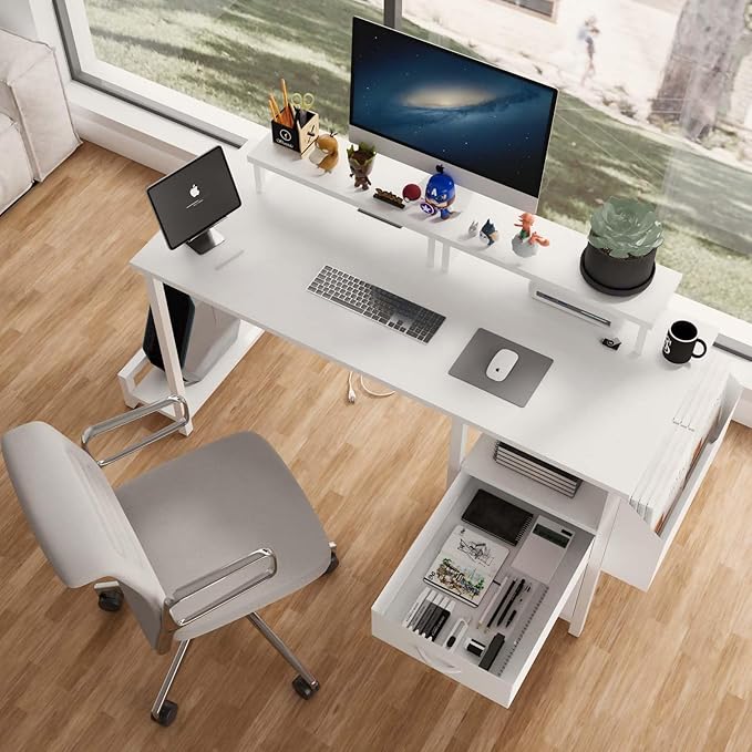 Modern Home Office Desk, Built-in Power Outlets, File Storage, Dual Monitor Stands, Shelves Ergonomic Design, Multi Functional for Work & Gaming (White + MDF+Metal + Modern)