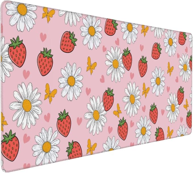 Cute Strawberry Extended Gaming Mouse Pad XXL Pink Cute Desk Mat Kawaii Pink Large Mouse Pad 35.4"X15.7" Waterproof Desk Mat with Stitched Edge Non-Slip Laptop Computer Keyboard Pad for Home & Office