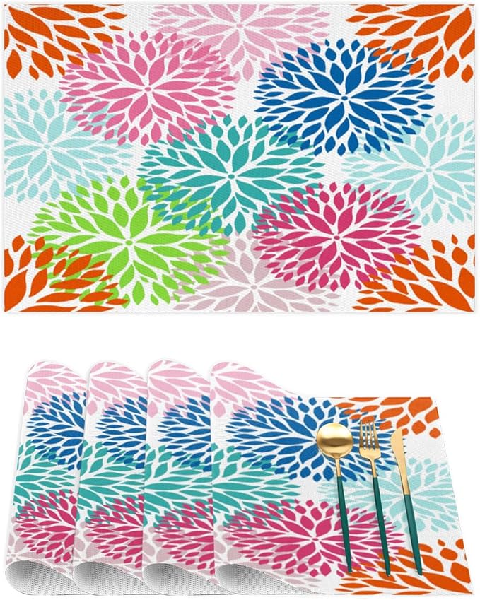 Placemats Set of 4 Heat-Resistant Rectangle Place Mats Abstract Art Flowers Washable Plastic PVC Dining Table Mat Non-Slip Wipeable Woven Vinyl Placemat for Kitchen Patio Table Decor