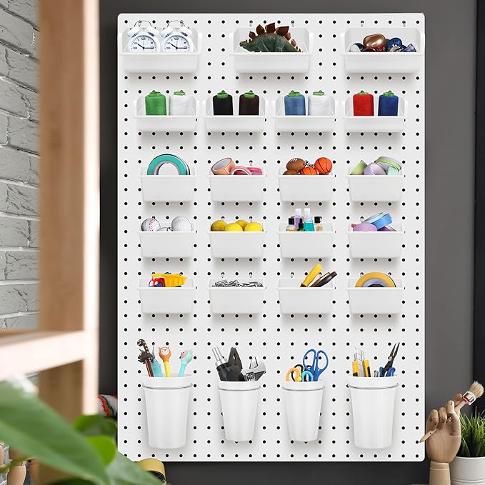 Roowest 60 Pcs Pegboard Cups Pegboard Bins Set, Wall Organizer with Hooks and Loops, Hooks Assortment Organizer Accessory for Office Storage Garage Craft Workshop(White)