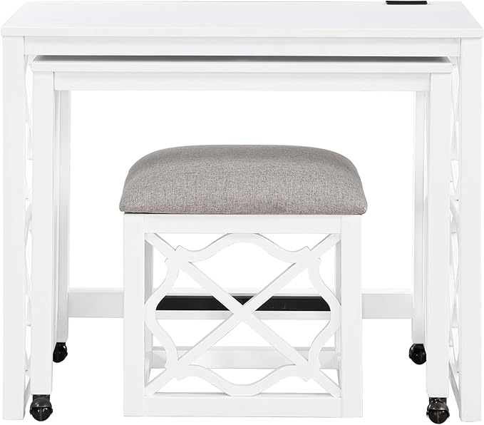 3-Piece Computer Gaming Desk Set with Rolling Desk and Stool, Home Office Corner Desks, Bedroom Craft Study Table, Adjustable Work Standing Desks for Home Office Furniture,White