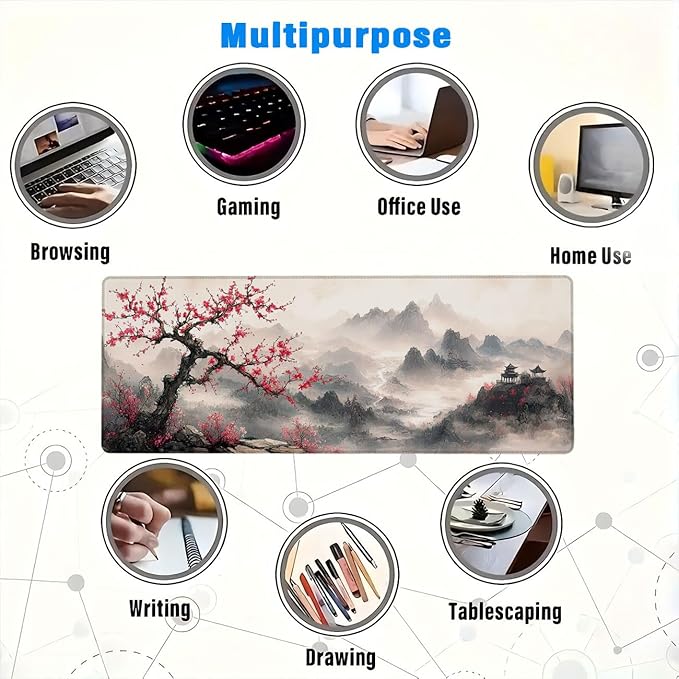 Ink Painting Large Mouse Pad Plum Bossom Mountain Mousepad XL Large Gaming Mouse Pad Laptop Keyboard Mat Desk Pad Fits Home Desk, Office Table, or Study Room 31.5x11.8 Inch