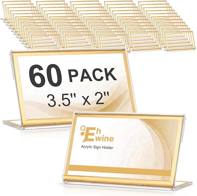 EHWINE 60 Pack Gold Acrylic Sign Holders, 3.5 x 2 Inch Slanted L-Shaped Name Tag & Price Label Display Stand for Wedding Table, Boutique, Retail Counter, Trade Show