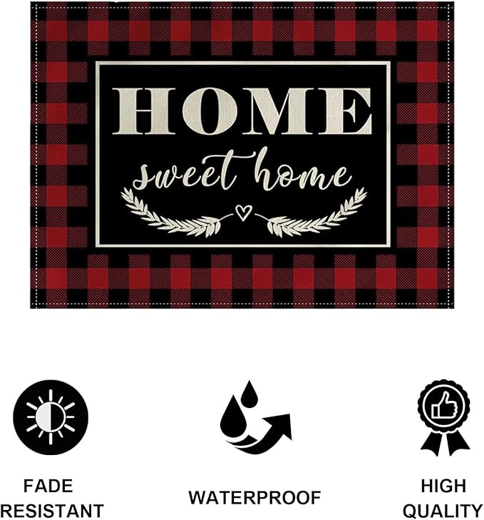 4Pack Farmhouse Decor Placemats Red White Buffalo Plaid Kitchen Inspirational Quotes Decor Table Mats Waterproof Heat Resistant Washable Non-Slip Place Mats for Dinner Kitchen Decor Table 12”×16”