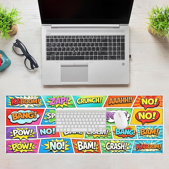 Pop Art Comic Mouse Pad, Kaboom Boom Cartoon Retro Gaming Desk Mat Extended Laptop Keyboard Non-Slip Rubber Base with Stitched Edges for Home, 31.5x11.8in Desk Home Office Gaming