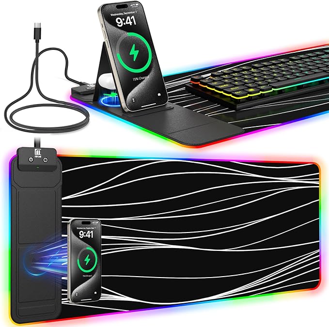 RGB Mouse Pad with Foldable Phone Stand Wireless Charger, 31.5"x11.8" XL Gaming Mousepad Large Desk Mat, Desk Pad with 11 Colors 5 Modes, Waterproof (Wave Print)