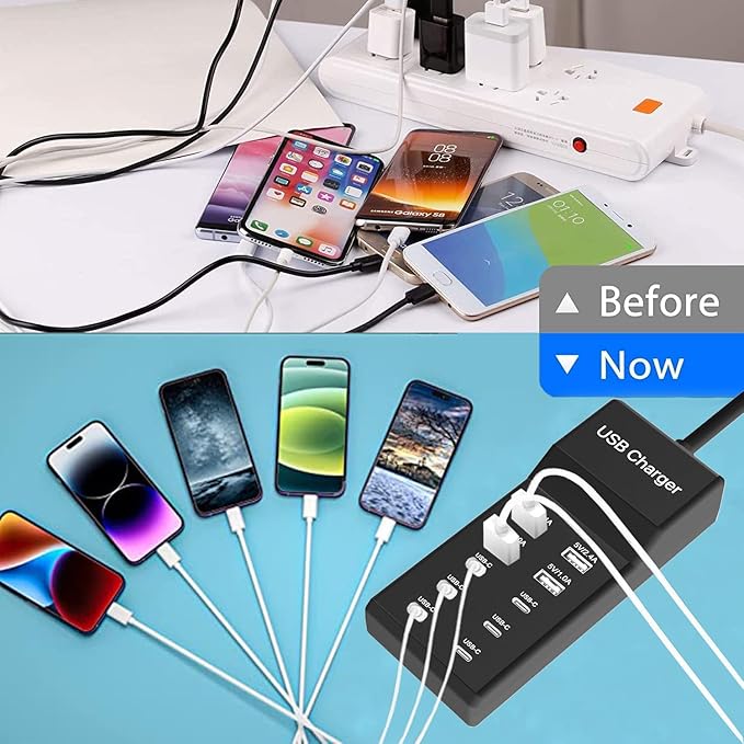 Multiple USB C Charger, 12 Ports USB Charging Station, 60W MultiPort Charger[10 USB-C+2 USB-A], USB Wall Charger, Desktop USB Charger for iPhone/iPad/Samsung/Google Pixel/Watch/Headphones(Black)