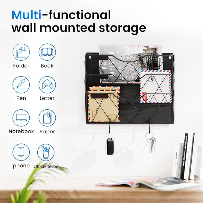 Patvingot Magnetic File Holder for Refrigerator & Cabinets | No-Drill Wall Mount Organizer | 3-Tier Vertical Mail & Magazine Holder for Office/Home (Black, Space-Saving Design)