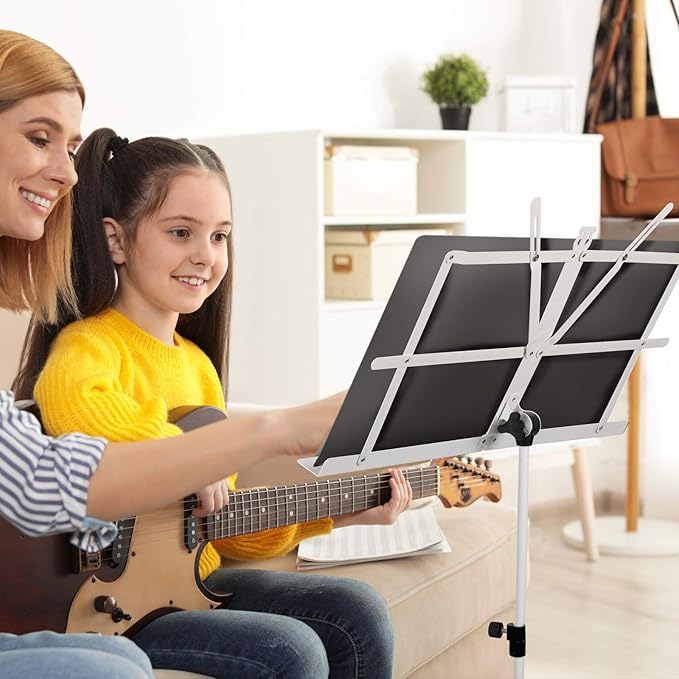 CAHAYA Portable Sheet Music Stand: Dual Use Desktop Book Holder Folding Lightweight Extra Stable Reinforced with Carrying Bag and Clip for Students Musicians Height Adjustable up to 54.3" CMS0204W