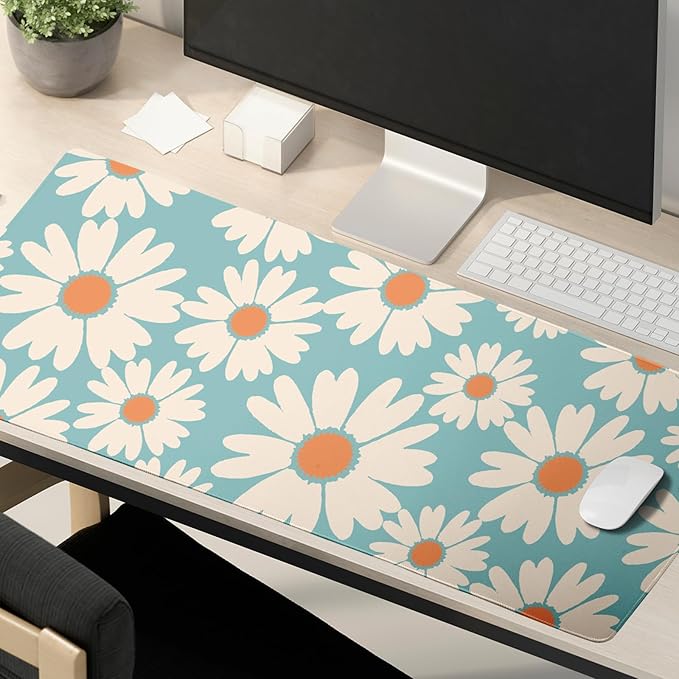 Blue Daisy Floral Mouse Pad XXL Large Gaming Mouse Pad 35.4"X15.7" Cute Daisy Flowers Desk Mat for Desktop Waterproof Non-Slip Rubber Base with Stitched Edges Full Desk Mousepad for Home & Office