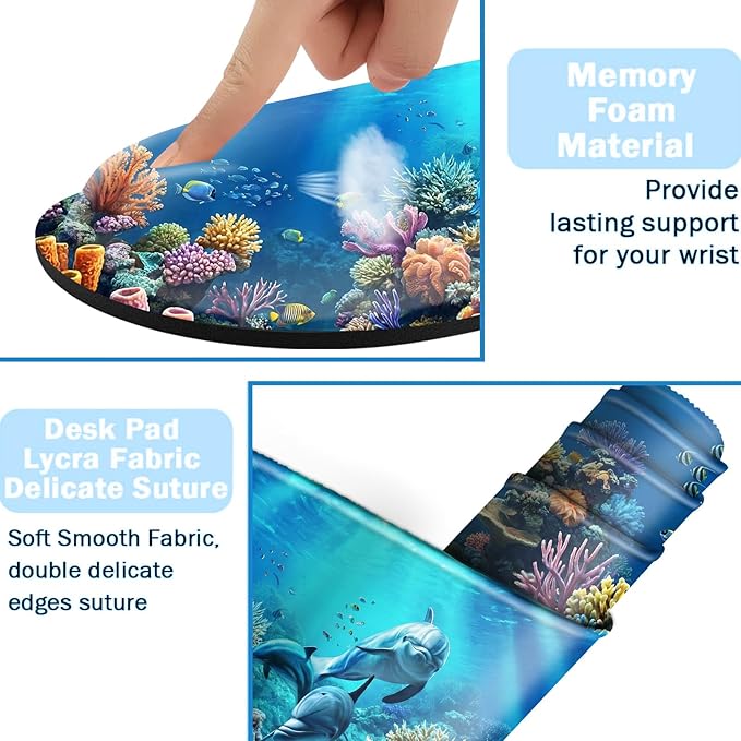 Ergonomic Mouse Pad Set with Wrist Support for Keyboard and Wrist Rest for Mouse, Memory Foam Comfort, Non-Slip Large Desk Mat for Home Office Pain Relief,Dolphin Blue Sea Floor